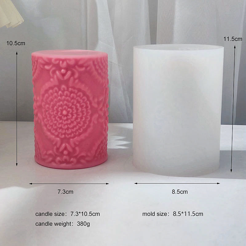A Floral Pillar Candle Moulds silicone candle mold by MYKA Candles and Moulds, the perfect multipurpose tool for soap, resin, and cake mould casting.
