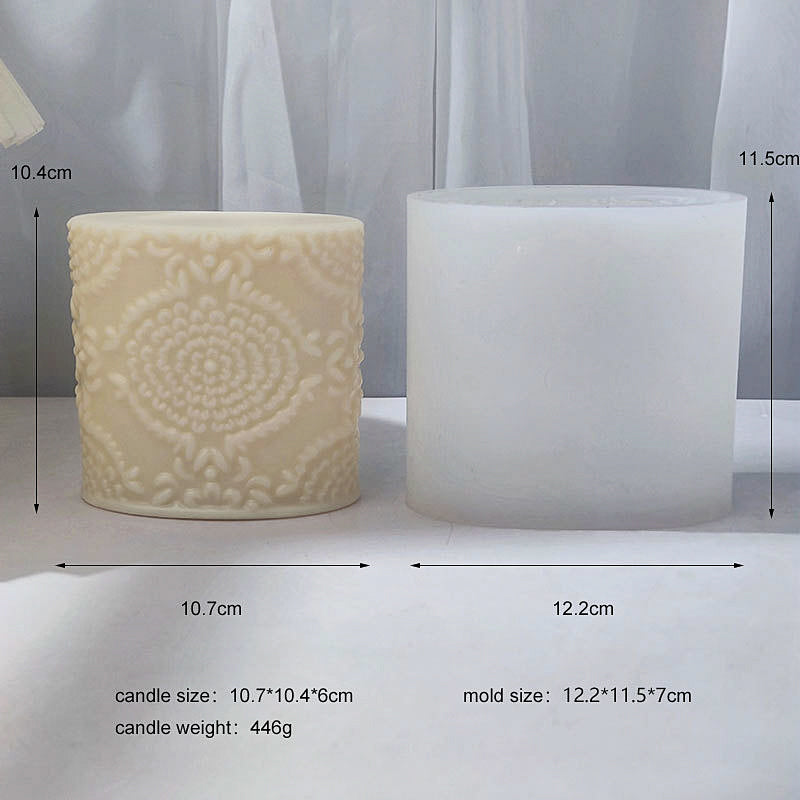 An intricate Floral Pillar Candle Moulds silicone candle mold by MYKA Candles and Moulds, designed for aesthetic candles and resin moulds.