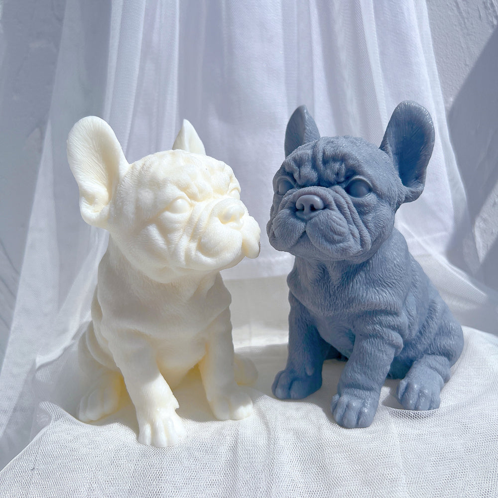 An intricate French Bulldog Puppy Candle Mould silicone candle mold by MYKA Candles and Moulds, designed for aesthetic candles and resin moulds.