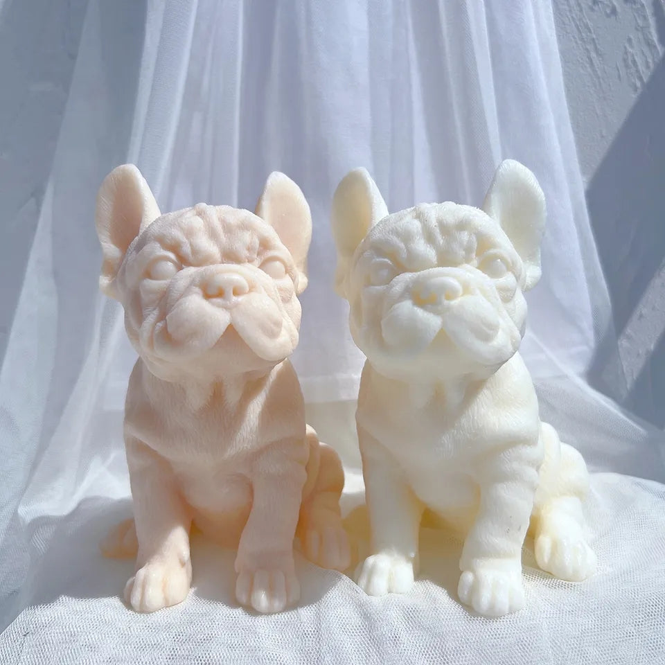 An aesthetic French Bulldog Puppy Candle Mould silicone candle mould from MYKA Candles and Moulds, perfect for soap, resin, and cake mould art.