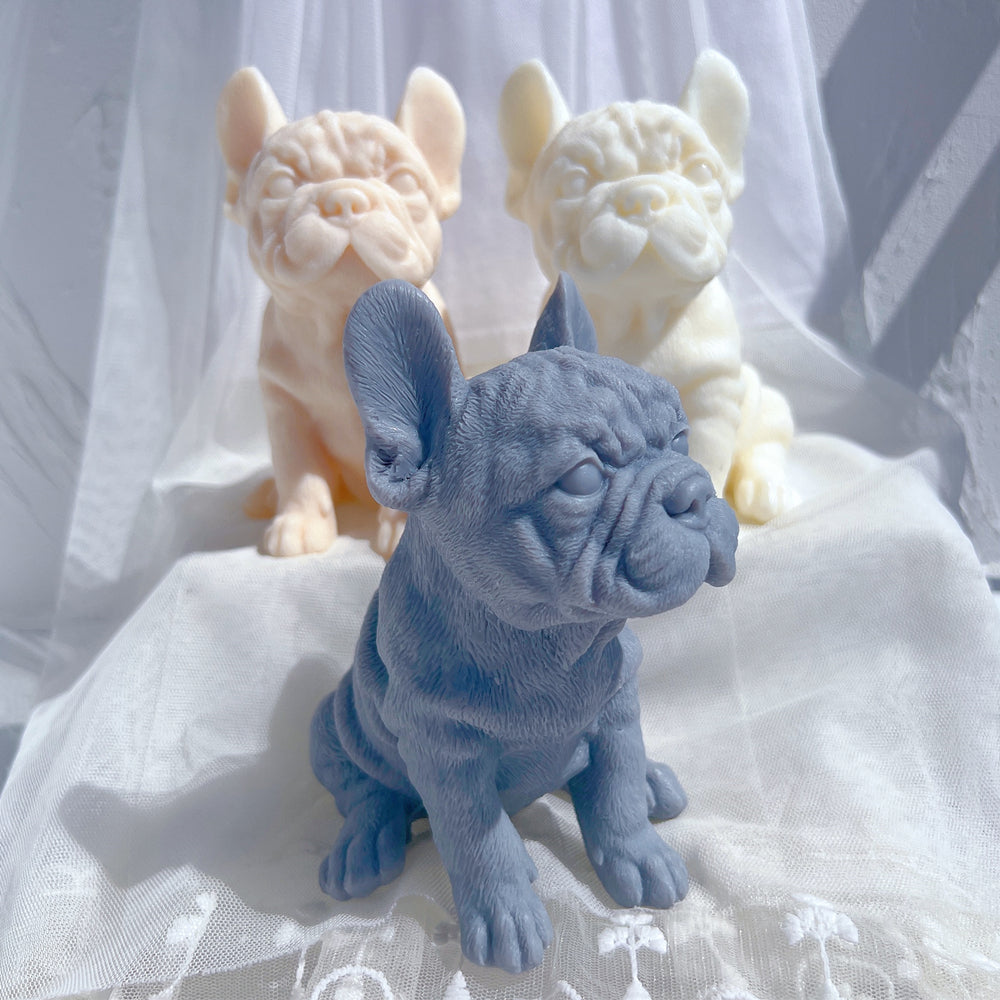 An intricate French Bulldog Puppy Candle Mould silicone candle mold by MYKA Candles and Moulds, designed for aesthetic candles and resin moulds.