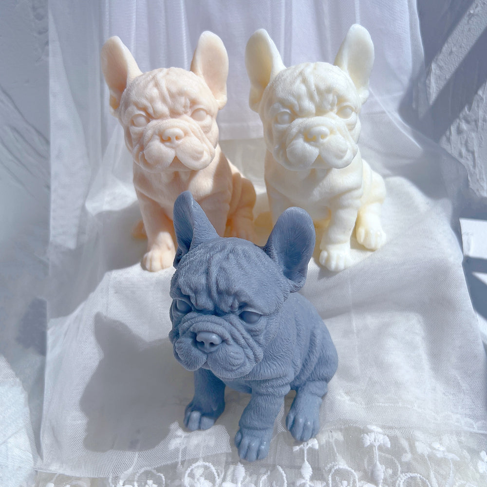The flexible French Bulldog Puppy Candle Mould silicone candle mould by MYKA Candles and Moulds, suitable for soap moulds and food-grade cake mould use.