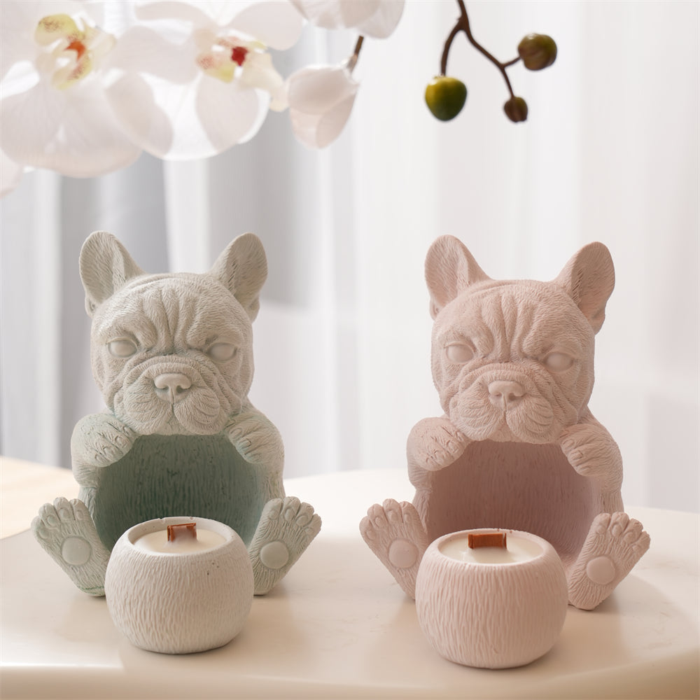 A high-performance French Bulldog Vessel Mould silicone candle mold from MYKA Candles and Moulds for resin art and vessel making.