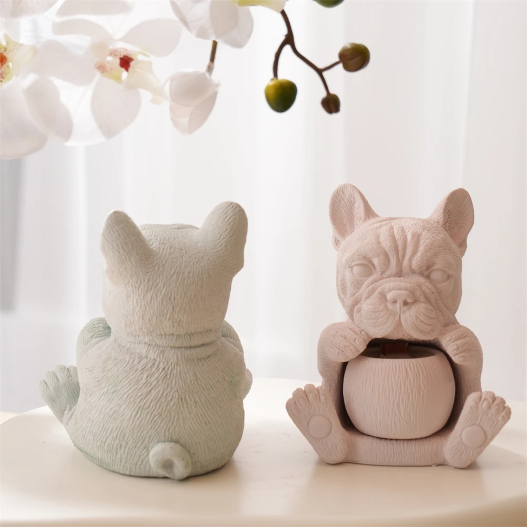 A 3D French Bulldog Vessel Mould silicone candle mold from MYKA Candles and Moulds, perfect for resin vessel moulds and floral vases.