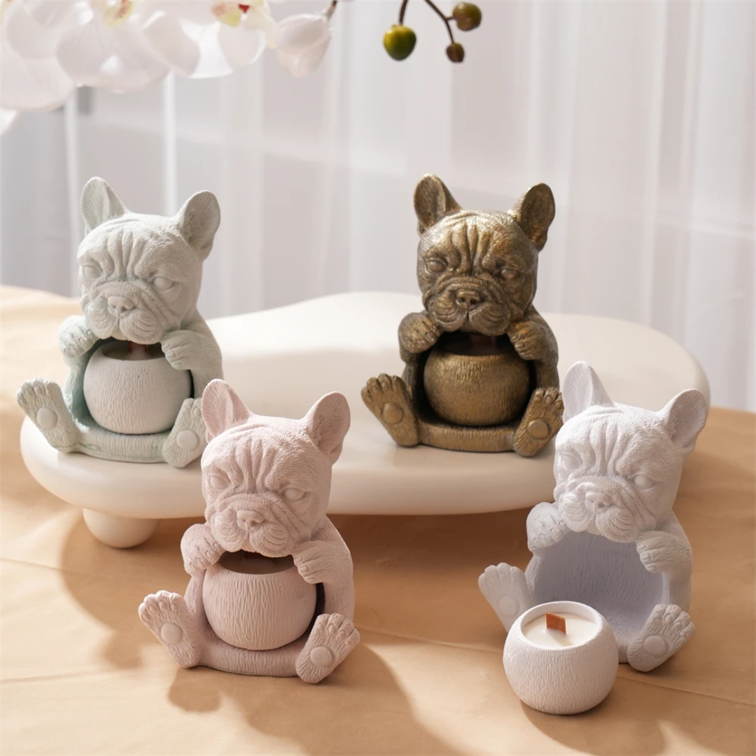 A detailed French Bulldog Vessel Mould silicone candle mould by MYKA Candles and Moulds, perfect for casting concrete vessels and resin moulds.