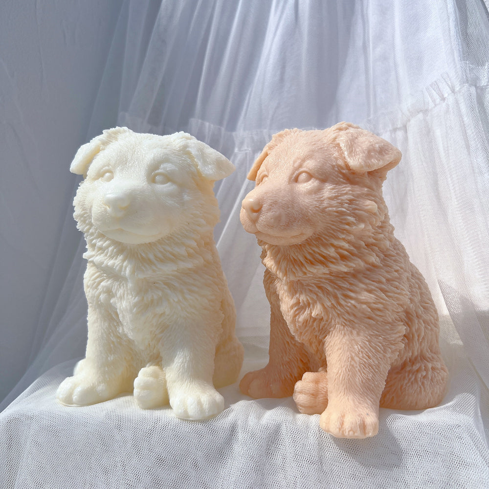 The German Shepherd Puppy Candle Mould silicone candle mold by MYKA Candles and Moulds, featuring high detail for candle, soap, and baking moulds.