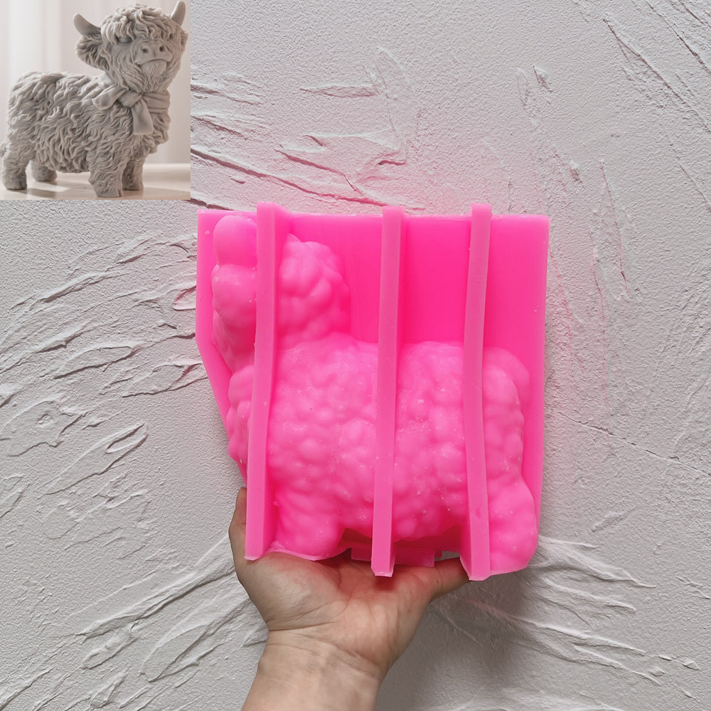 A Highland Cow Candle Mould silicone candle mold by MYKA Candles and Moulds, the perfect multipurpose tool for soap, resin, and cake mould casting.