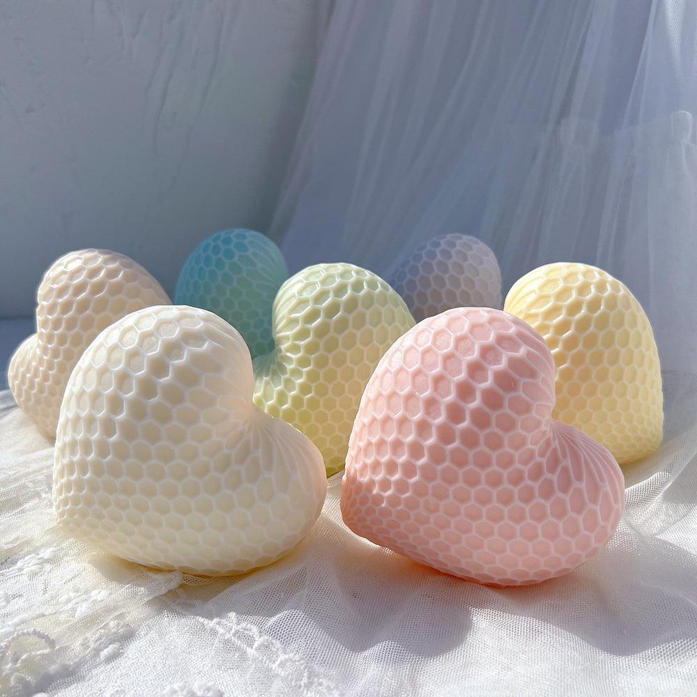 View of the Honeycomb Heart Candle Mould silicone candle mould from MYKA Candles and Moulds, ideal for DIY soap moulds and cake mould projects.