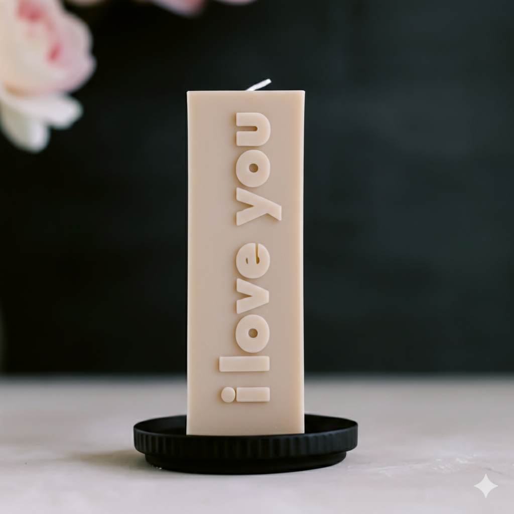 An intricate I Love You Silicone Candle Mould silicone candle mold by MYKA Candles and Moulds, designed for aesthetic candles and resin moulds.