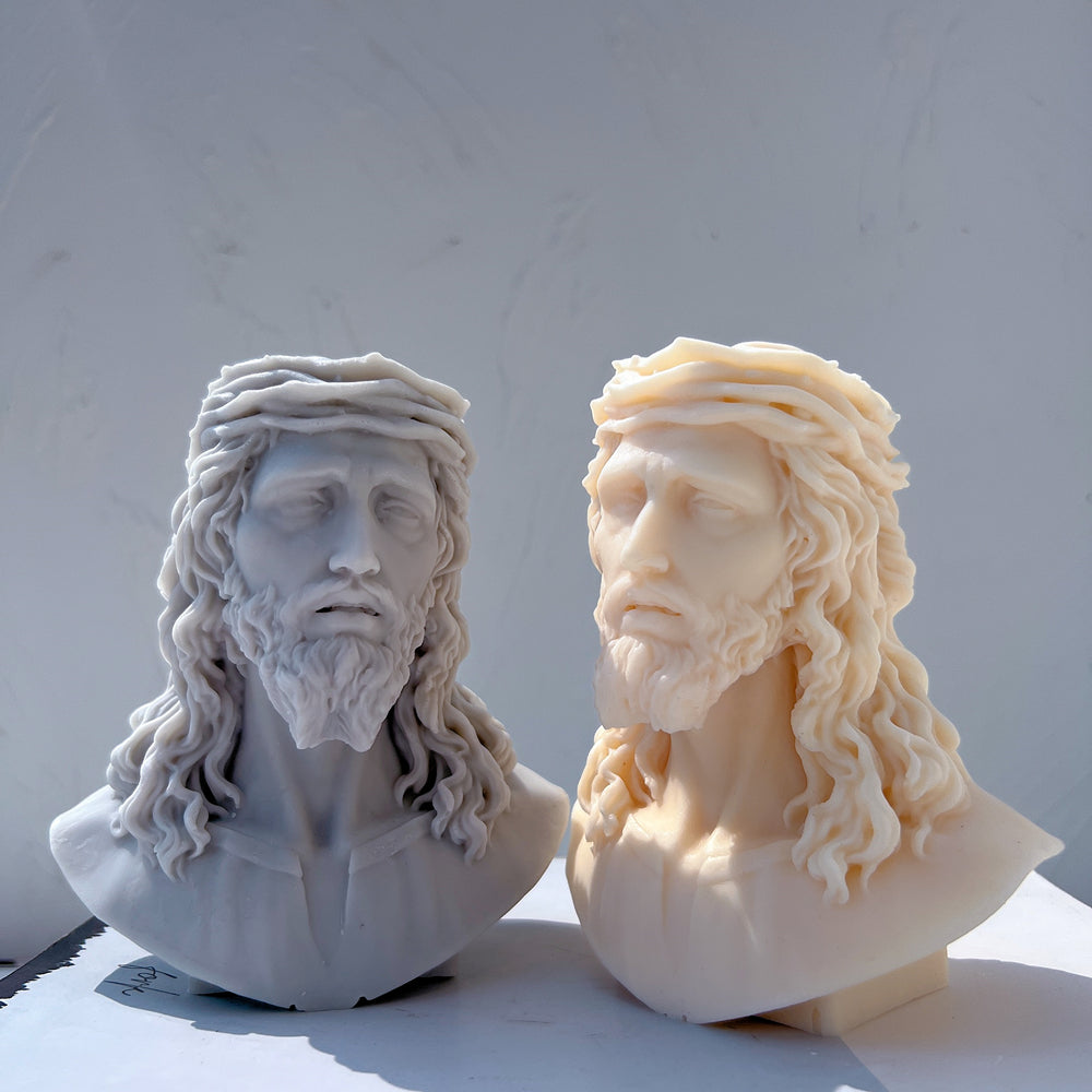 View of the Jesus Bust Silicone Candle Mould silicone candle mould from MYKA Candles and Moulds, ideal for DIY soap moulds and cake mould projects.