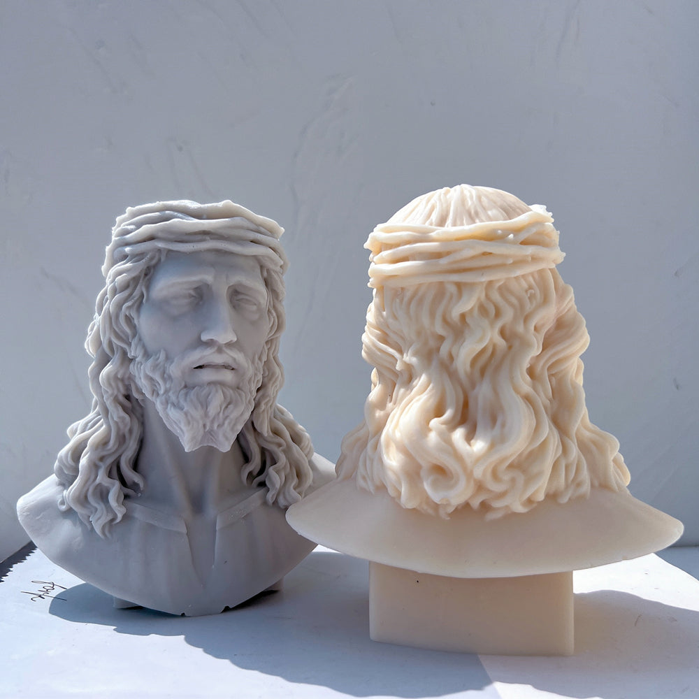 A heat-resistant Jesus Bust Silicone Candle Mould silicone candle mould by MYKA Candles and Moulds, ideal for soap, resin, and baking mould applications.