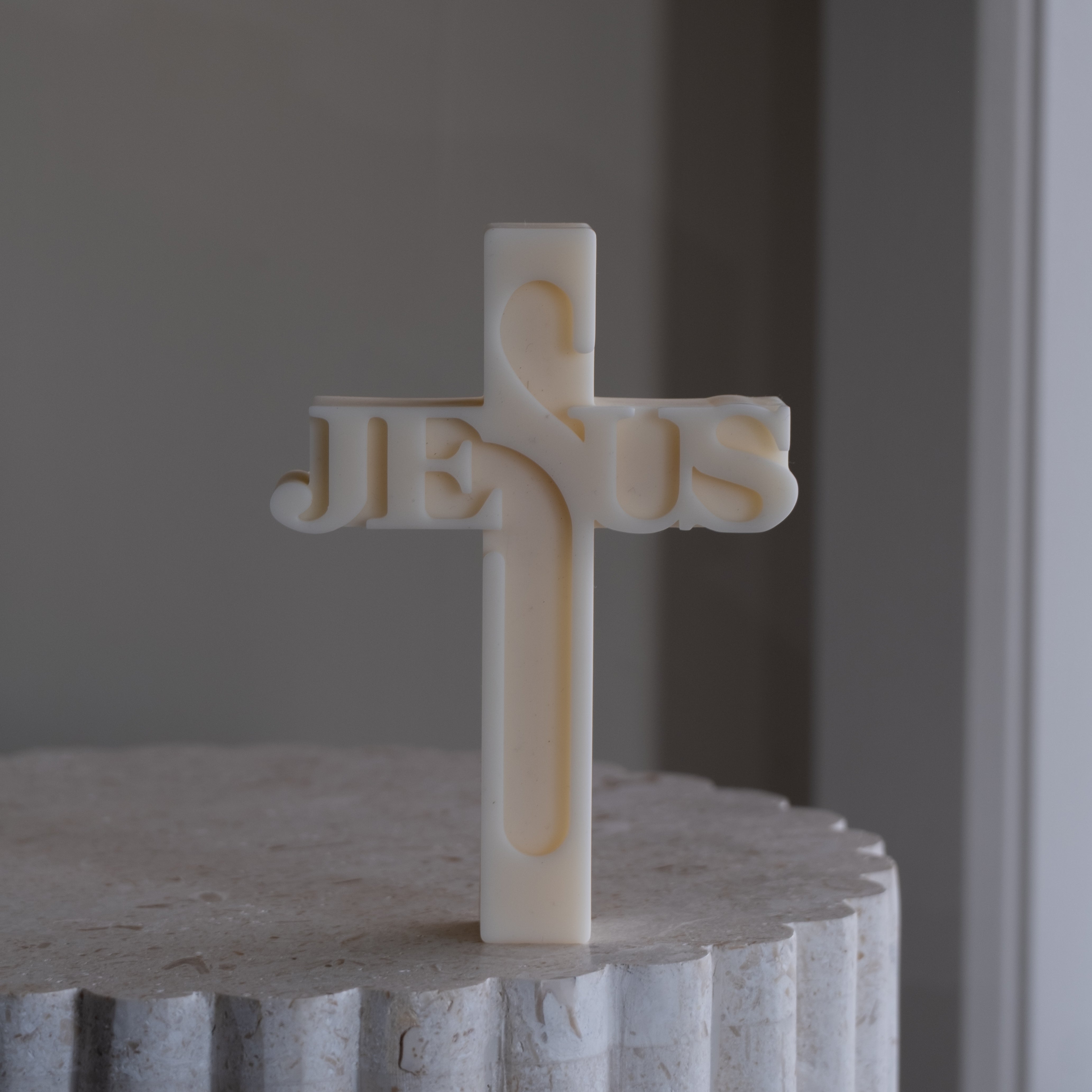 A Jesus Word Cross Silicone Candle Mould silicone candle mold by MYKA Candles and Moulds, designed for easy release in soap, resin, and cake mould casting.