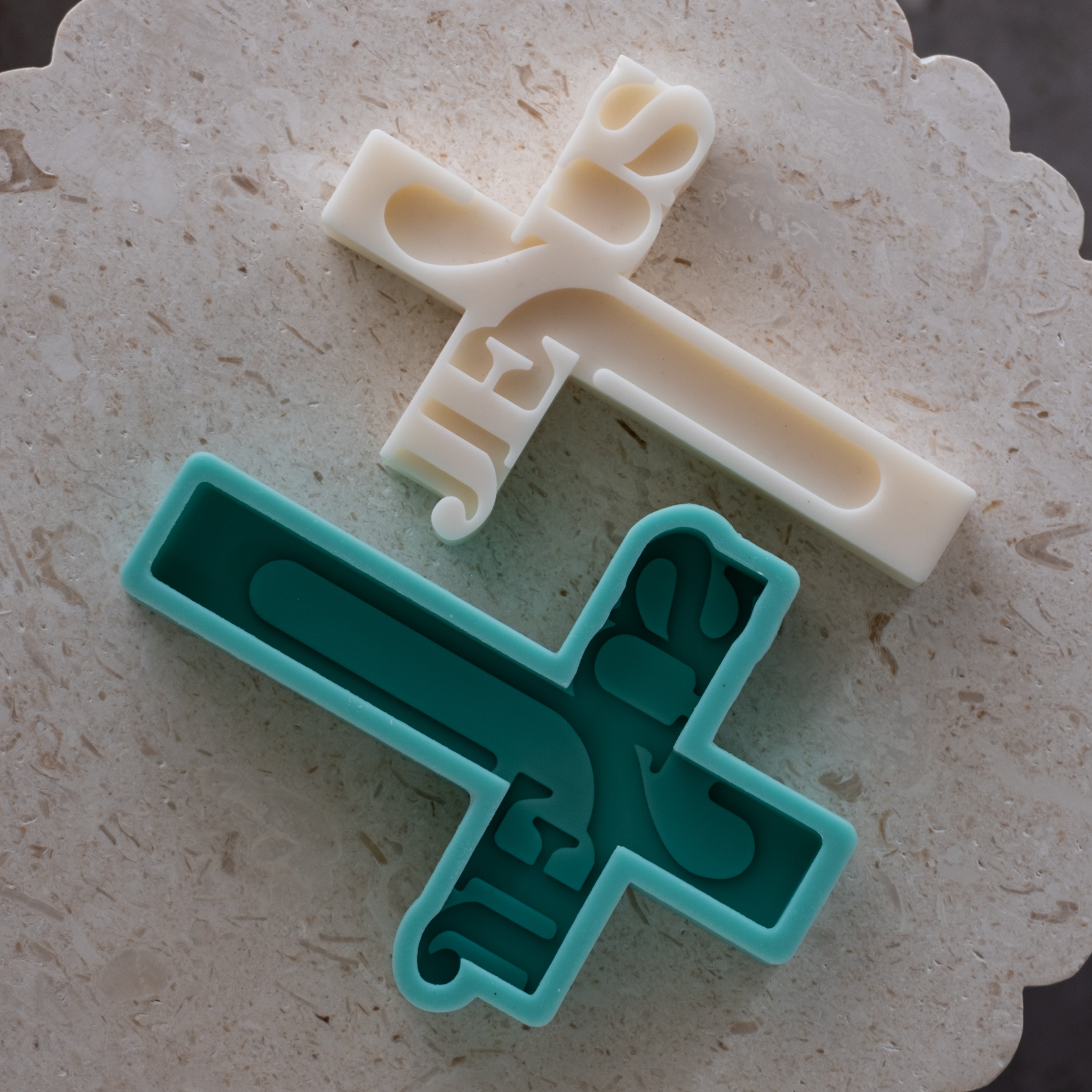 Crafting with the Jesus Word Cross Silicone Candle Mould silicone candle mould by MYKA Candles and Moulds, also used for soap, resin, and cake moulds.