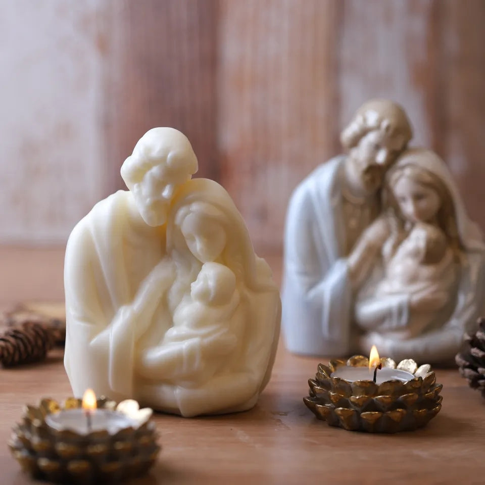 A Joseph Mary & Jesus Candle Mould silicone candle mold by MYKA Candles and Moulds, designed for easy release in soap, resin, and cake mould casting.
