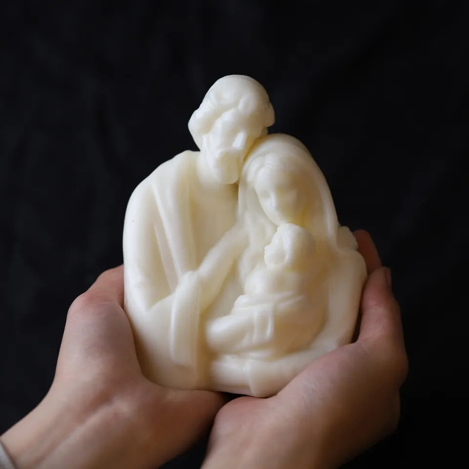 An intricate Joseph Mary & Jesus Candle Mould silicone candle mold by MYKA Candles and Moulds, designed for aesthetic candles and resin moulds.