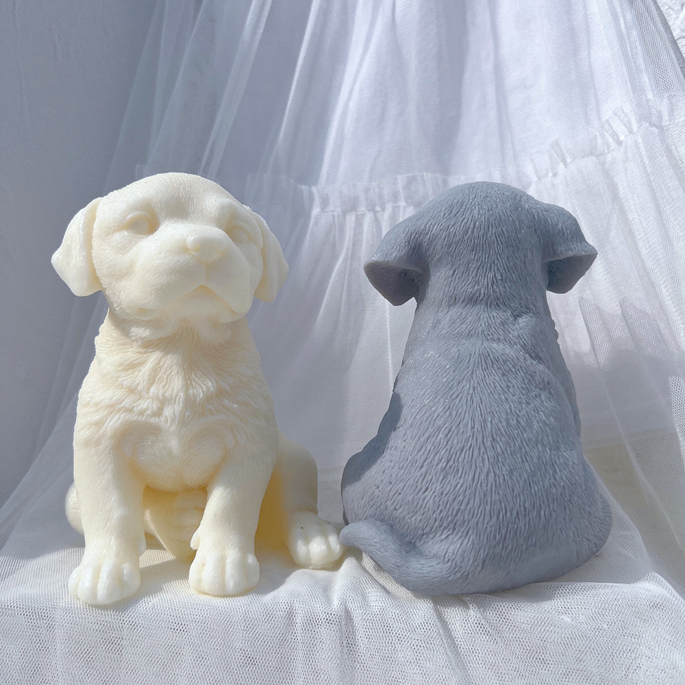 A heat-resistant Labrador Puppy Candle Mould silicone candle mould by MYKA Candles and Moulds, ideal for soap, resin, and baking mould applications.