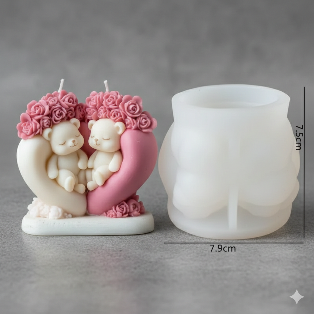A heat-resistant Love Bears Candle Mould silicone candle mould by MYKA Candles and Moulds, ideal for soap, resin, and baking mould applications.