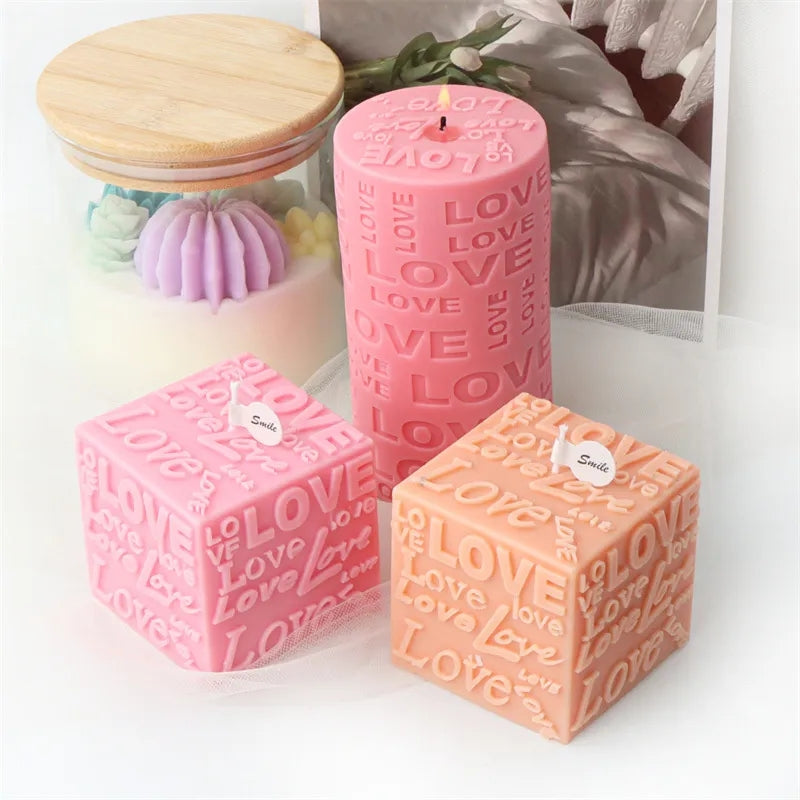 An aesthetic Love Pillar Candle Moulds silicone candle mould from MYKA Candles and Moulds, perfect for soap, resin, and cake mould art.