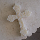 A Mandala Cross Silicone Candle Mould silicone candle mold by MYKA Candles and Moulds, the perfect multipurpose tool for soap, resin, and cake mould casting.