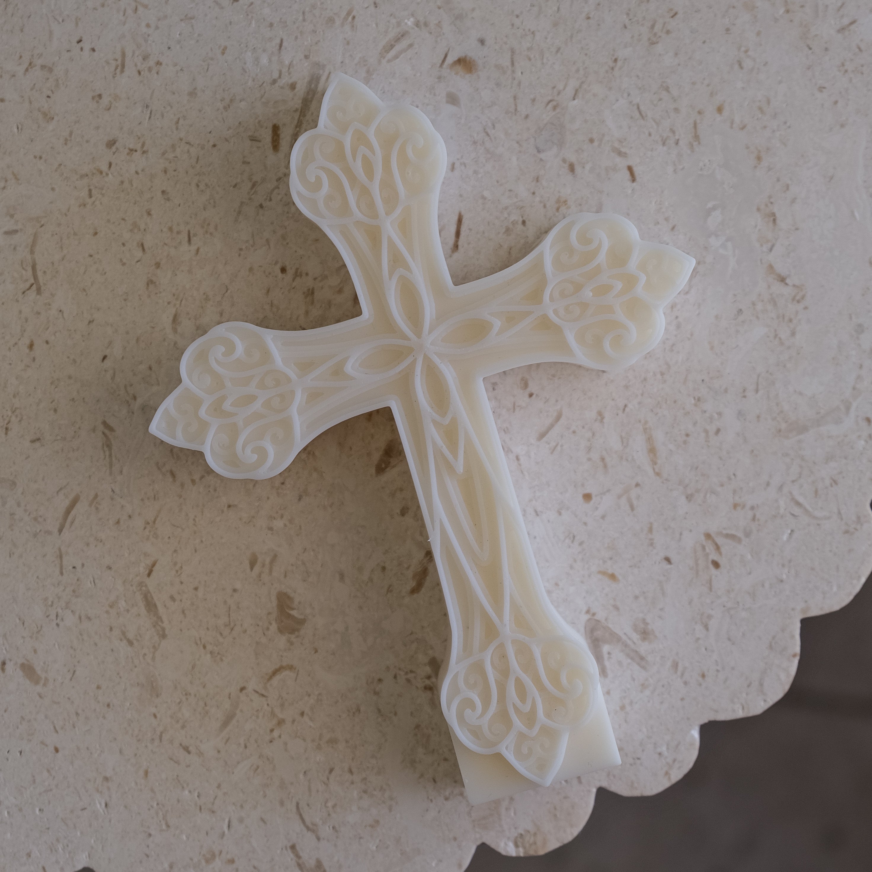 A Mandala Cross Silicone Candle Mould silicone candle mold by MYKA Candles and Moulds, the perfect multipurpose tool for soap, resin, and cake mould casting.