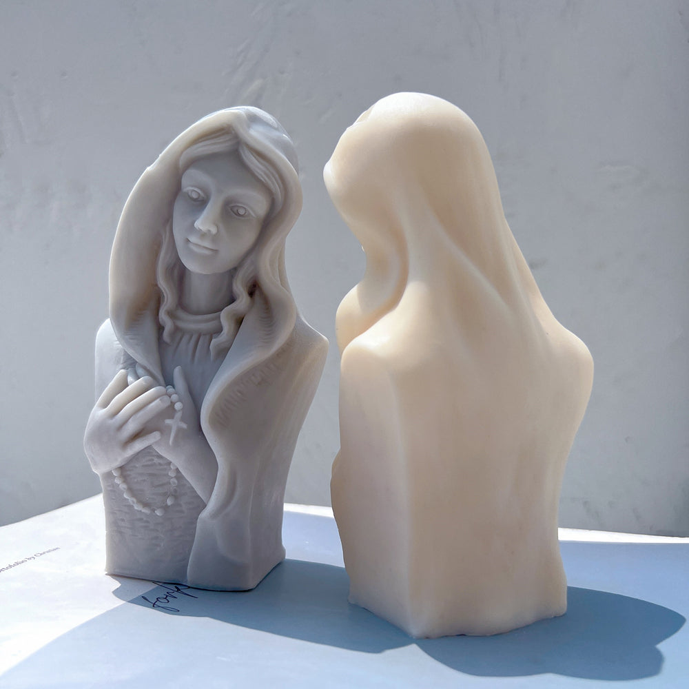 The flexible Mary's Grace Silicone Candle Mould silicone candle mould by MYKA Candles and Moulds, suitable for soap moulds and food-grade cake mould use.