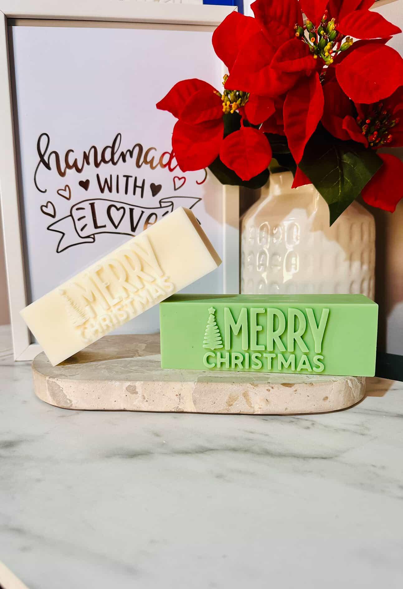 Crafting with the Merry Christmas Block Silicone Candle Mould silicone candle mould by MYKA Candles and Moulds, also used for soap, resin, and cake moulds.