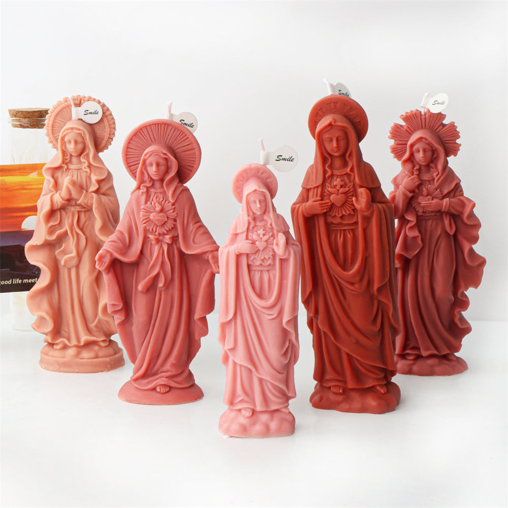 The flexible Mother Mary Candle Moulds silicone candle mould by MYKA Candles and Moulds, suitable for soap moulds and food-grade cake mould use.
