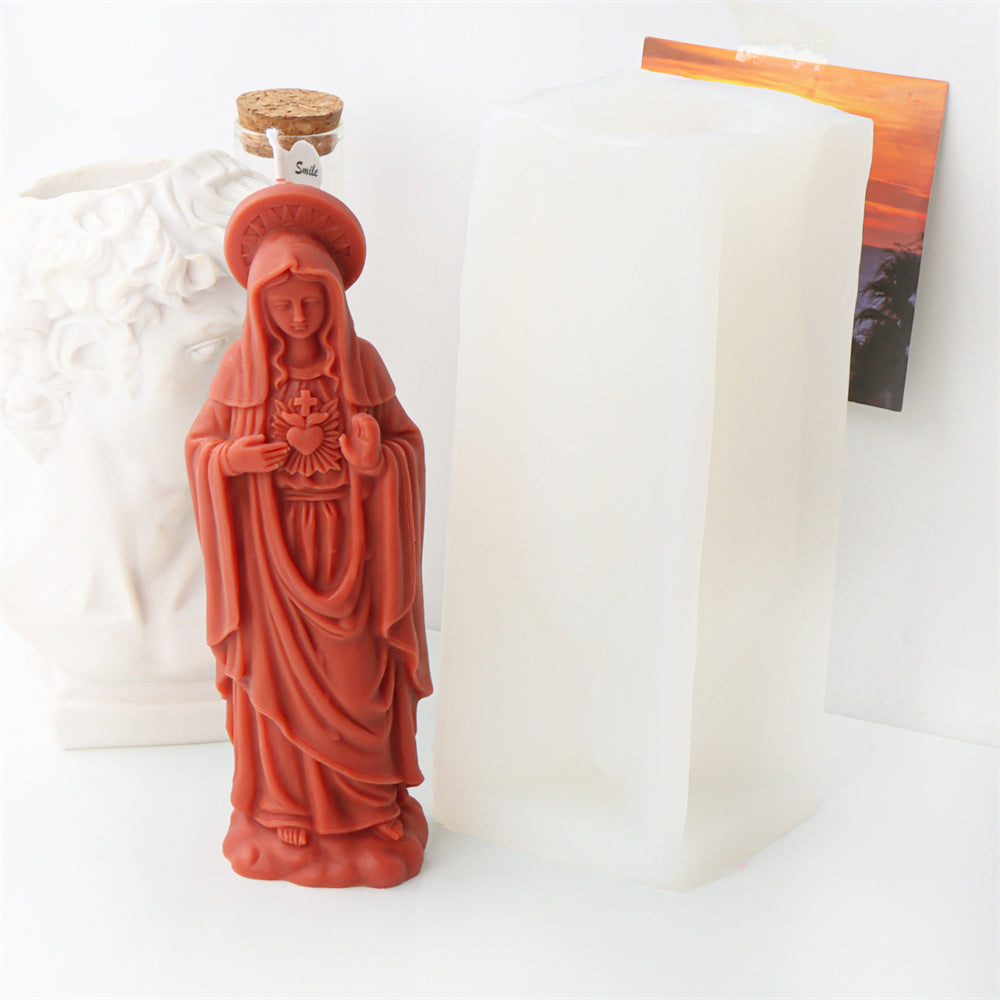 The flexible Mother Mary Candle Moulds silicone candle mould by MYKA Candles and Moulds, suitable for soap moulds and food-grade cake mould use.