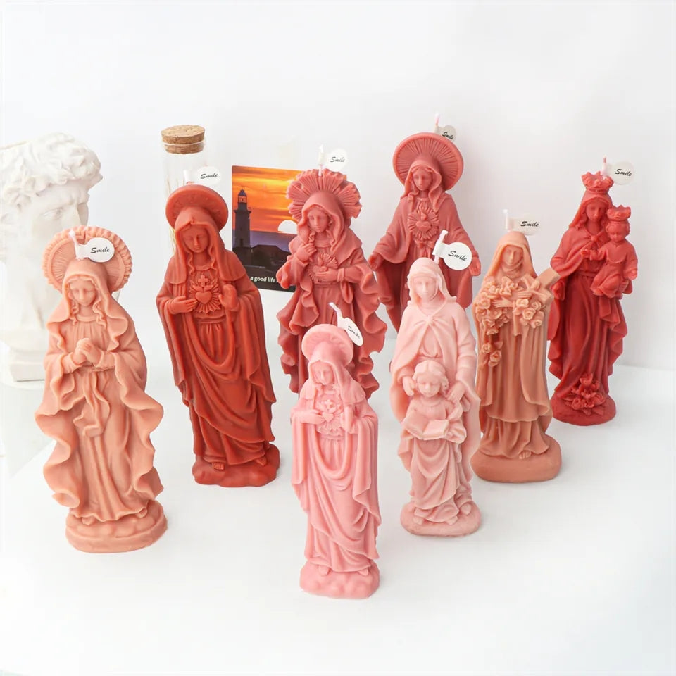 An intricate Mother Mary Candle Moulds silicone candle mold by MYKA Candles and Moulds, designed for aesthetic candles and resin moulds.
