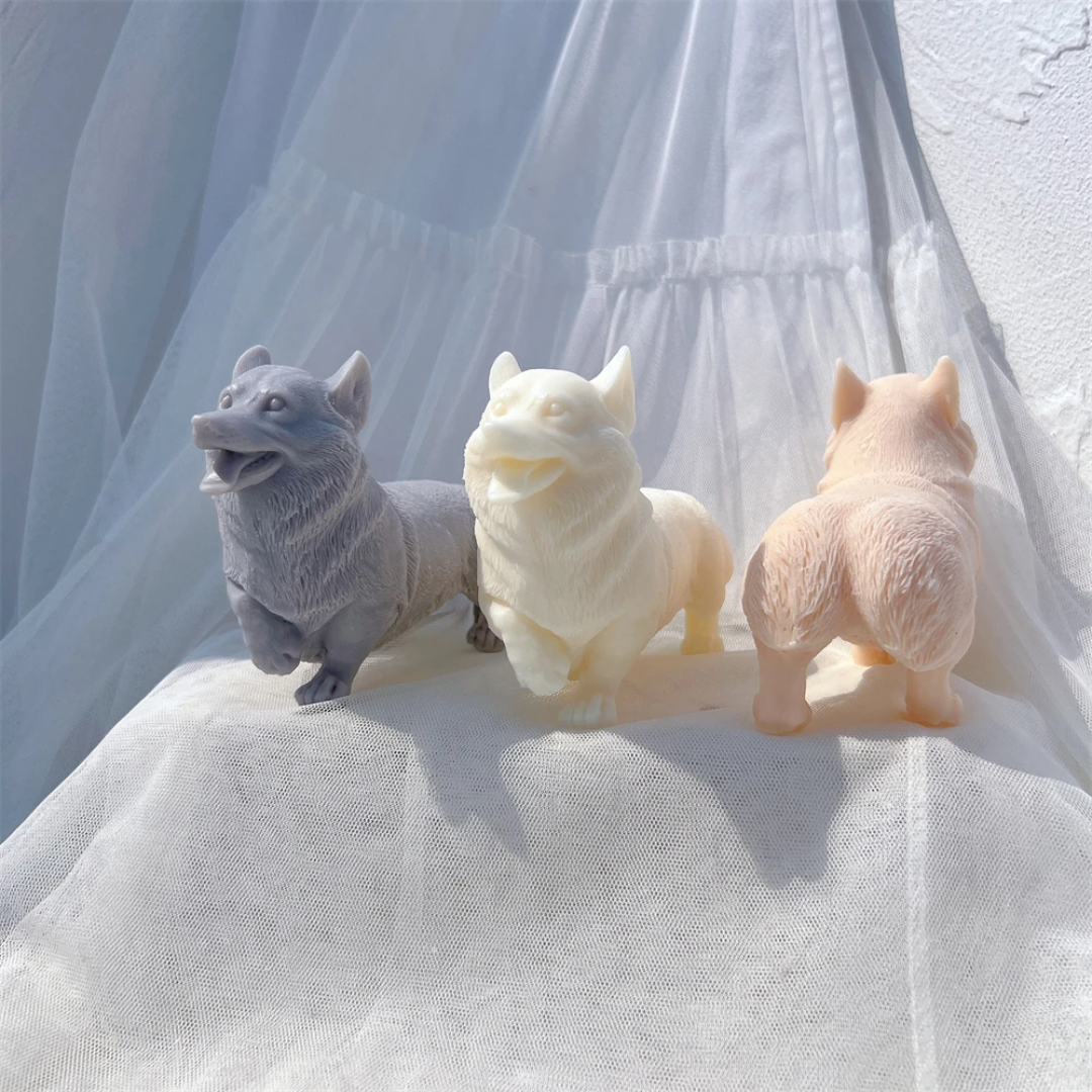 A high-performance Pembroke Welsh Corgi Candle Mould silicone candle mold from MYKA Candles and Moulds for resin art and professional baking mould use.