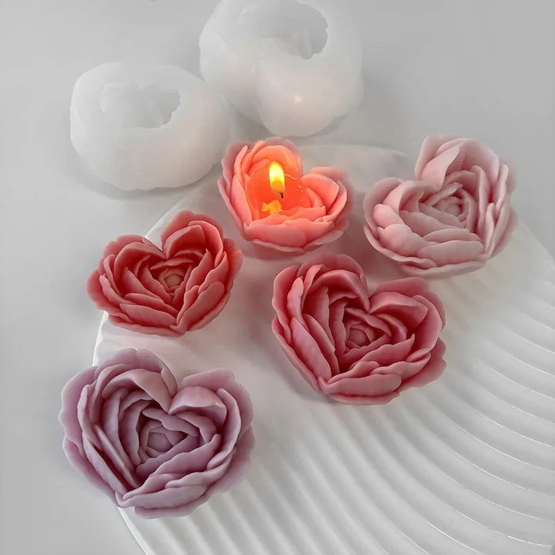 Close-up of the Peony Heart Candle Mould silicone candle mould by MYKA Candles and Moulds for soy wax, soap moulds, and baking mould hobbyists.