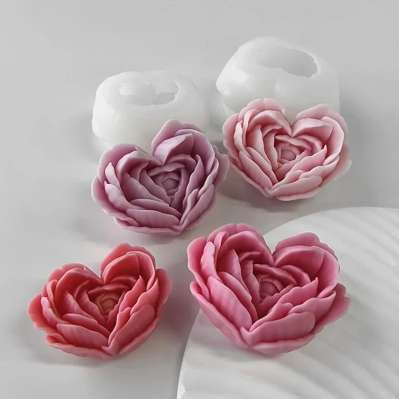 An intricate Peony Heart Candle Mould silicone candle mold by MYKA Candles and Moulds, designed for aesthetic candles and resin moulds.