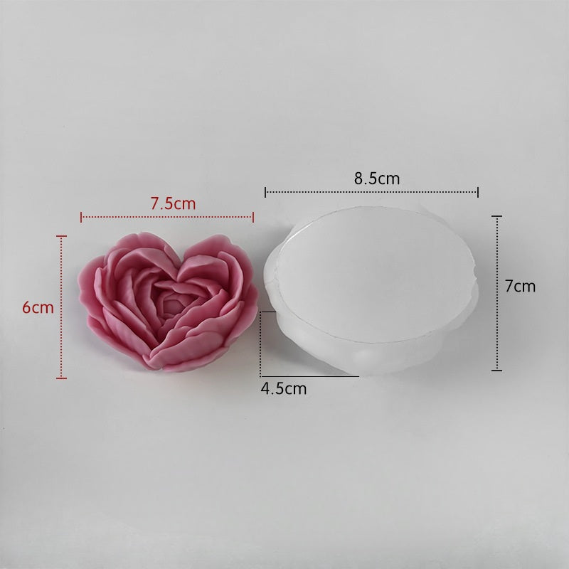 A heat-resistant Peony Heart Candle Mould silicone candle mould by MYKA Candles and Moulds, ideal for soap, resin, and baking mould applications.