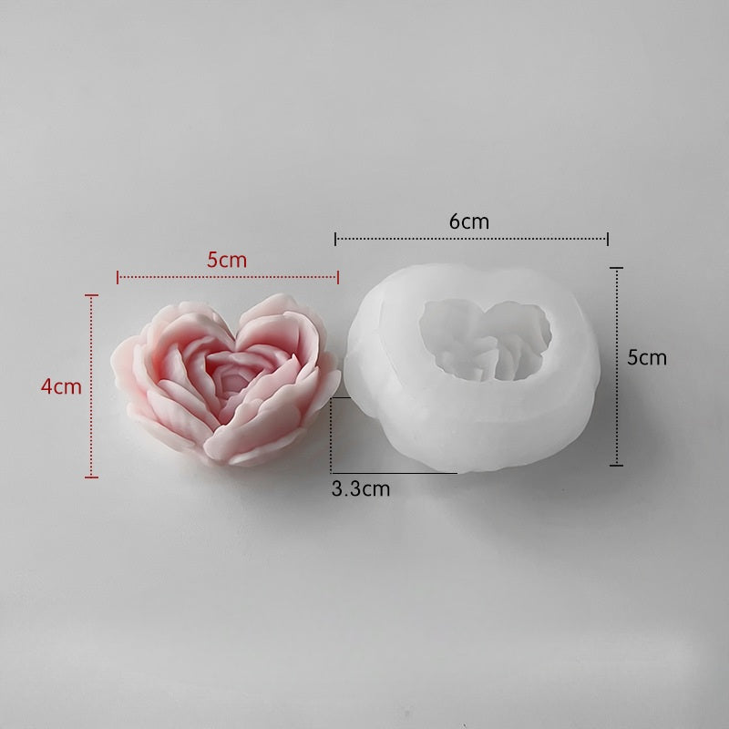 An aesthetic Peony Heart Candle Mould silicone candle mould from MYKA Candles and Moulds, perfect for soap, resin, and cake mould art.