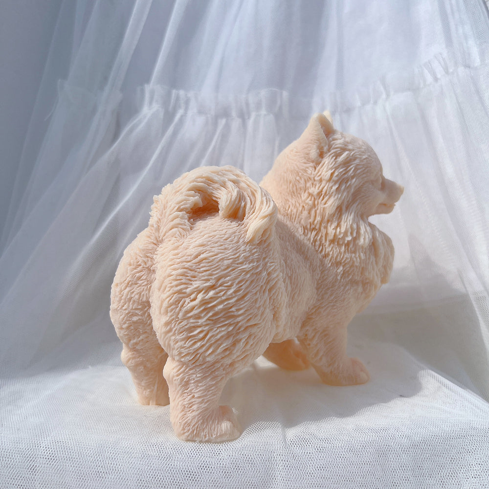The Pomeranian Puppy Candle Mould silicone candle mold by MYKA Candles and Moulds, featuring high detail for candle, soap, and baking moulds.