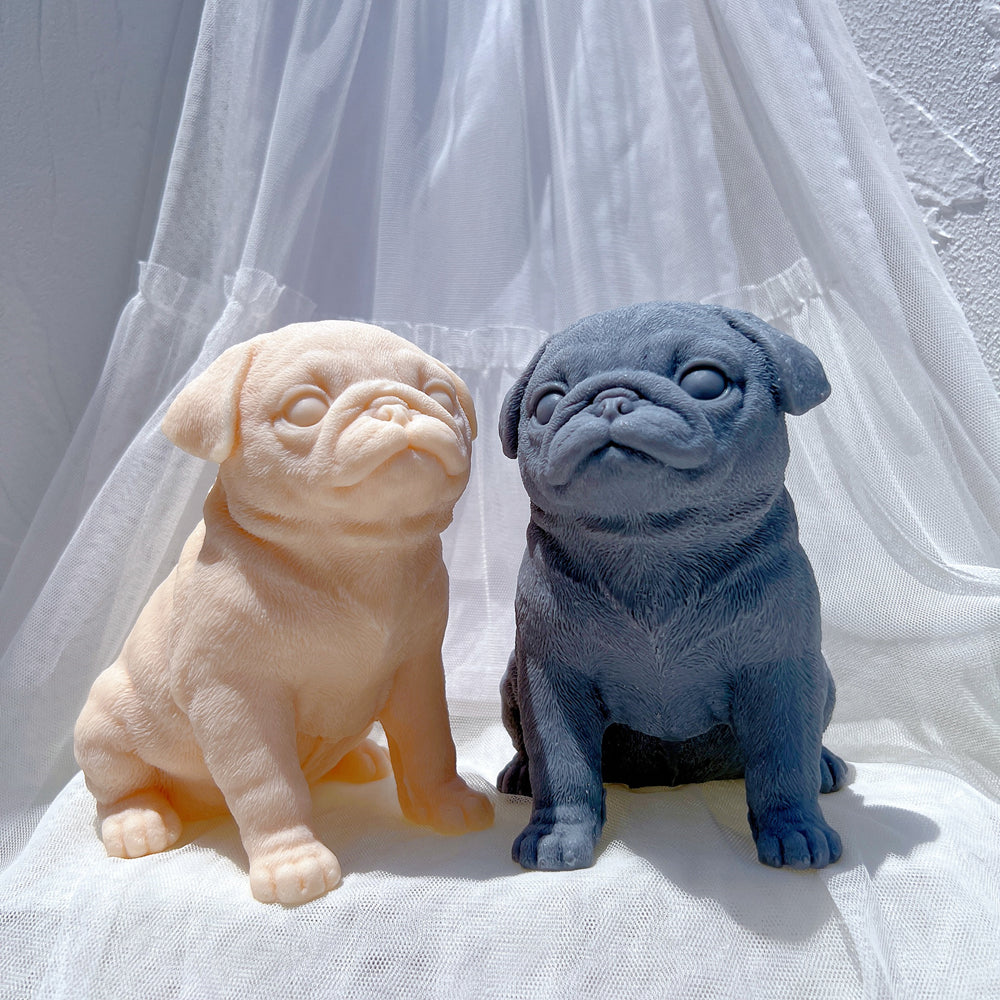 A high-performance Pug Puppy Candle Mould silicone candle mold from MYKA Candles and Moulds for resin art and professional baking mould use.