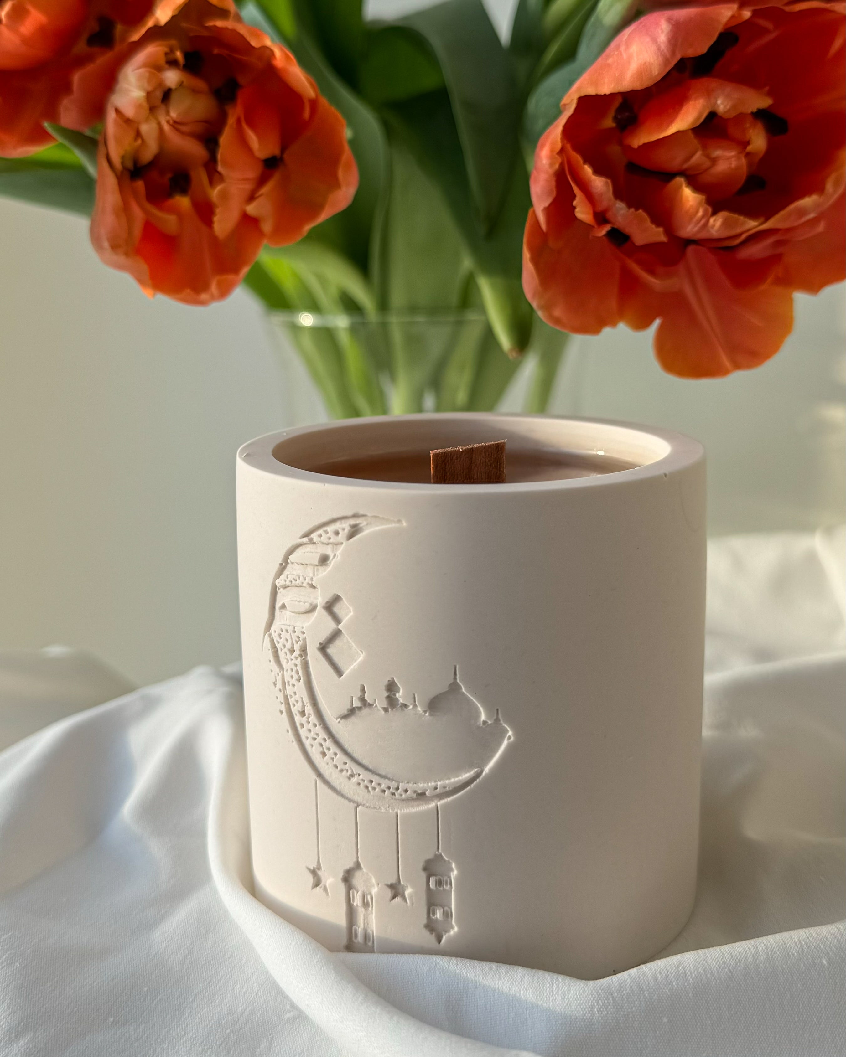 Close-up of the Ramadan Candle Jar Mould silicone candle mould by MYKA Candles and Moulds for soy wax candles and concrete decor.