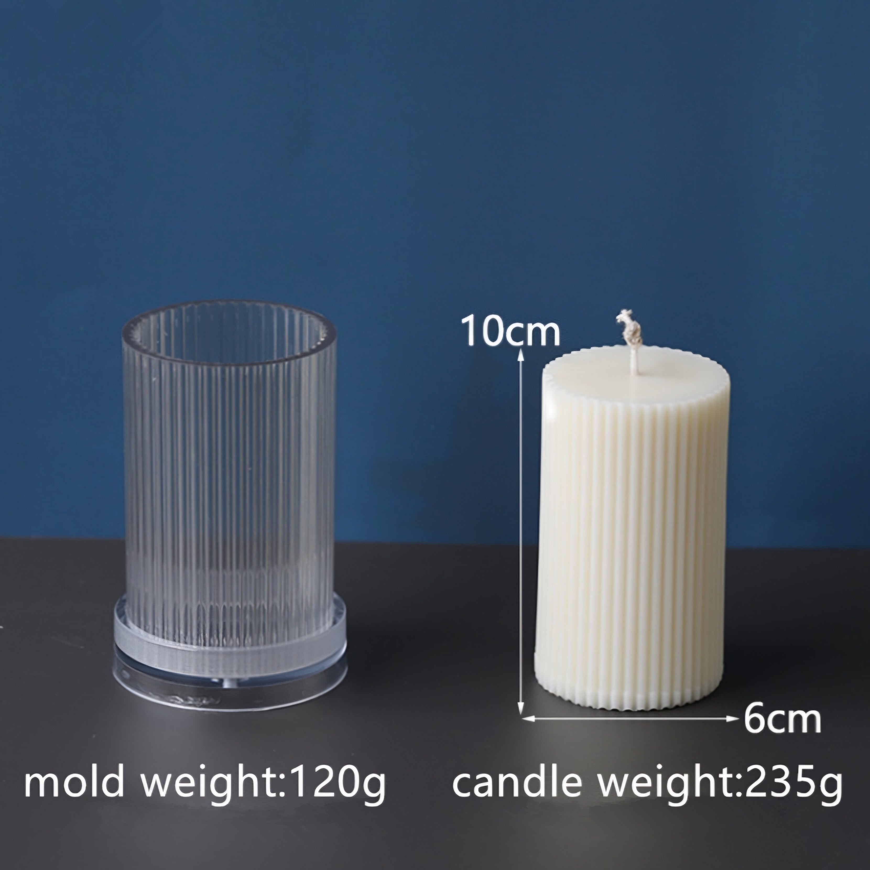 A heat-resistant Ribbed Pillar Candle Moulds silicone candle mould by MYKA Candles and Moulds, ideal for soap, resin, and baking mould applications.