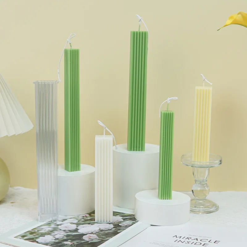 A heat-resistant Ribbed Rectangular Pillar Candle Moulds silicone candle mould by MYKA Candles and Moulds, ideal for soap, resin, and baking mould applications.