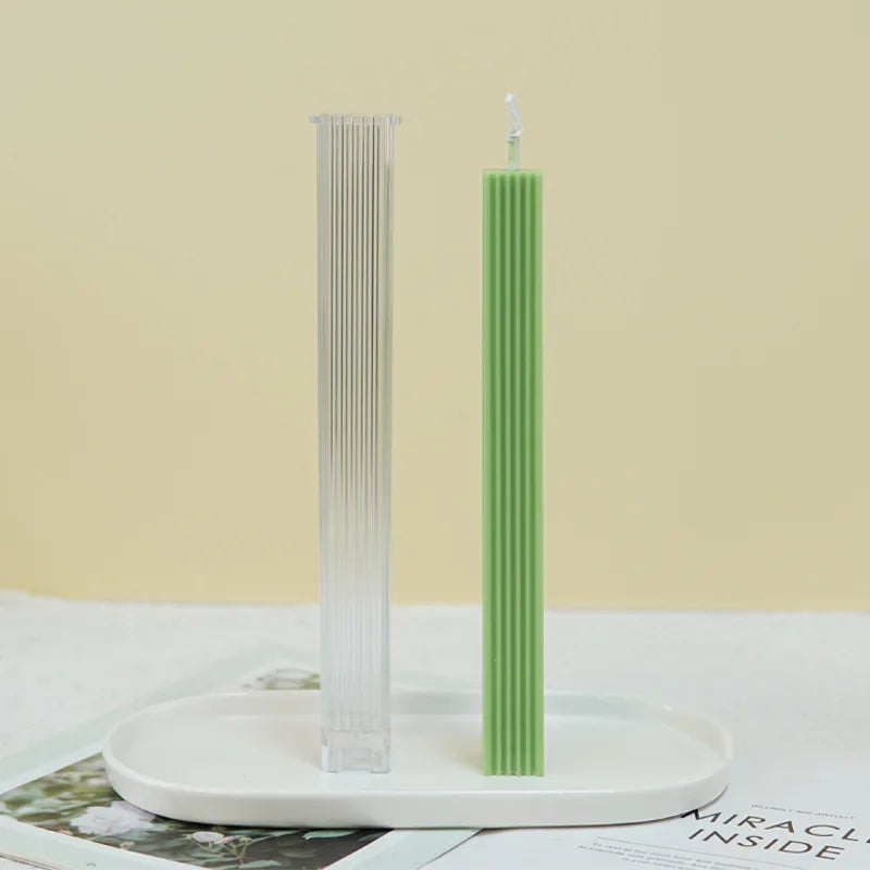 View of the Ribbed Rectangular Pillar Candle Moulds silicone candle mould from MYKA Candles and Moulds, ideal for DIY soap moulds and cake mould projects.