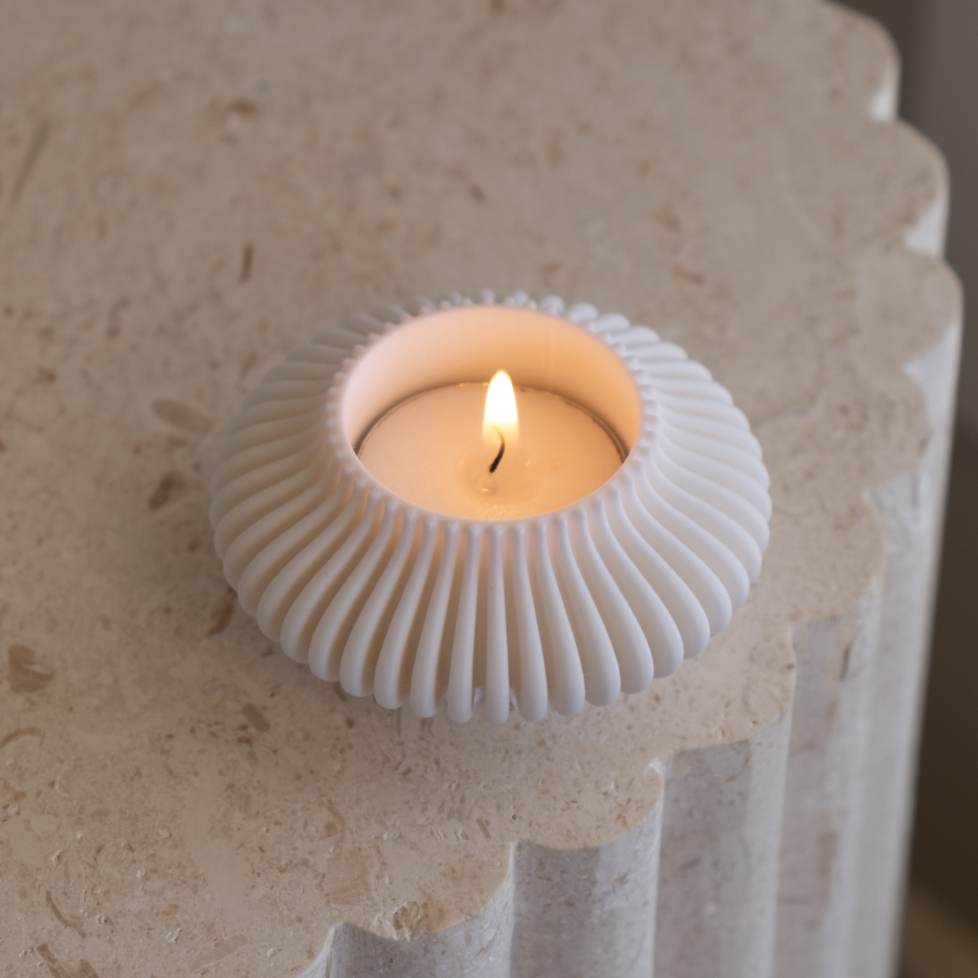 Close-up of the Ribbed Tealight Holder Silicone Candle Mould silicone candle mould by MYKA Candles and Moulds for soy wax, soap moulds, and baking mould hobbyists.
