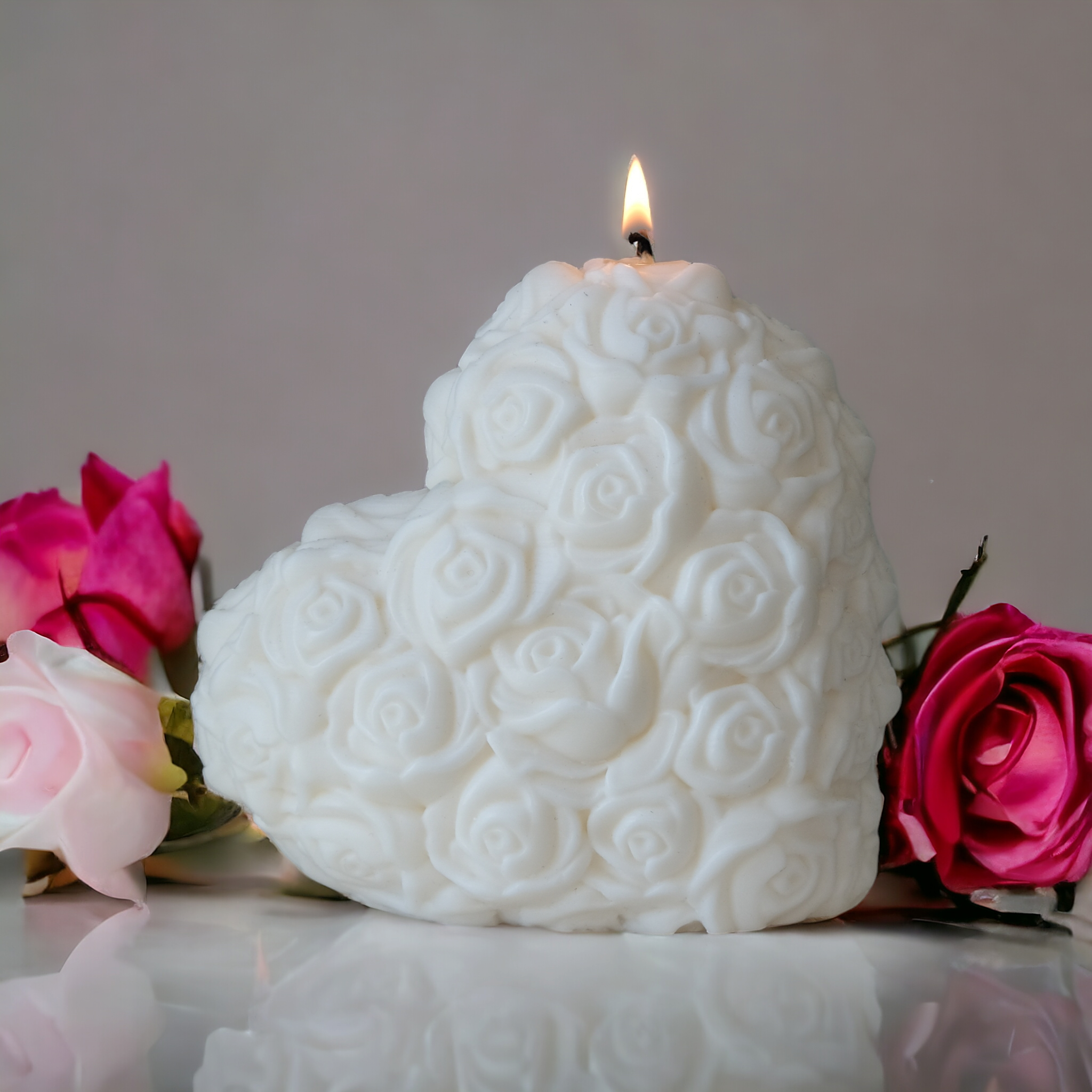 Close-up of the Rose Heart Candle Mould silicone candle mould by MYKA Candles and Moulds for soy wax, soap moulds, and baking mould hobbyists.