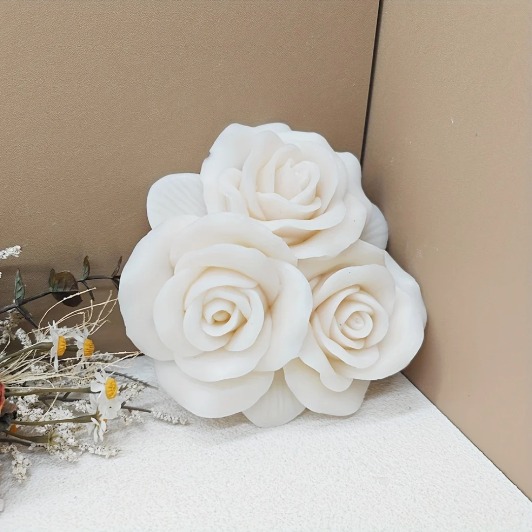 A heat-resistant Rose Trio Silicone Candle Mould silicone candle mould by MYKA Candles and Moulds, ideal for soap, resin, and baking mould applications.