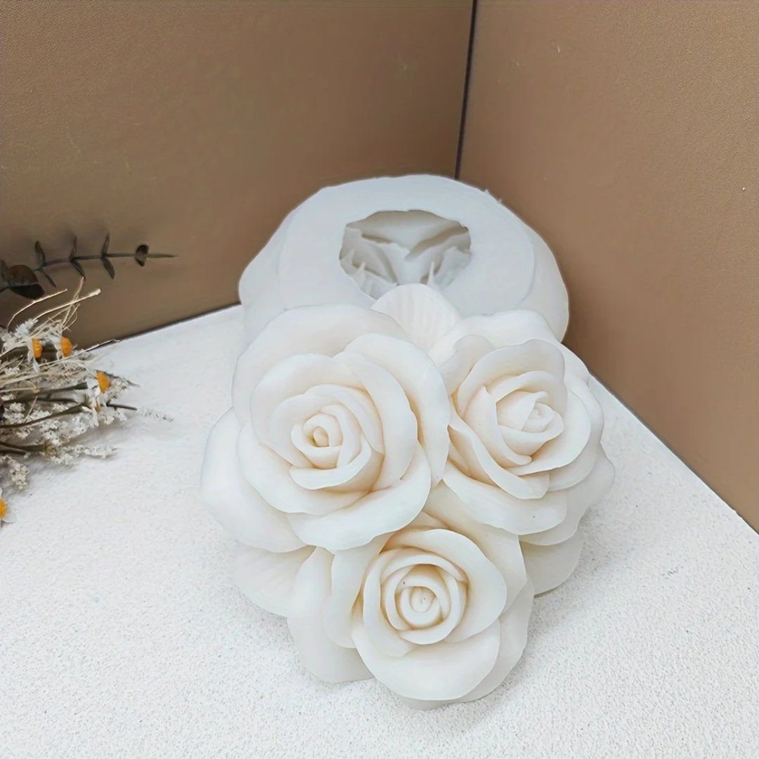 A premium Rose Trio Silicone Candle Mould silicone candle mold by MYKA Candles and Moulds, a versatile tool for soap, resin, and cake mould crafting.