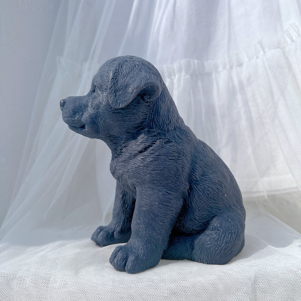 Close-up of the Rottweiler Puppy Candle Mould silicone candle mould by MYKA Candles and Moulds for soy wax, soap moulds, and baking mould hobbyists.
