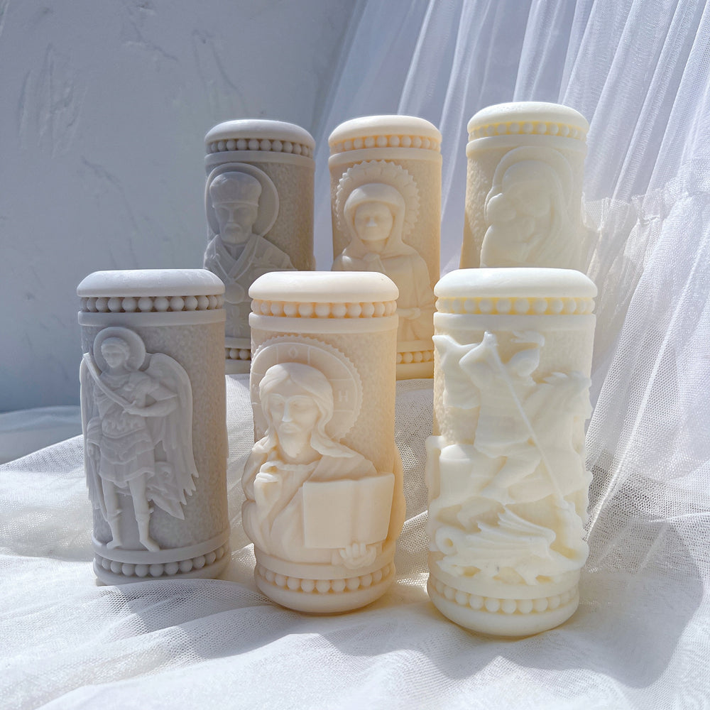 A premium Saint Pillar Candle Moulds silicone candle mold by MYKA Candles and Moulds, a versatile tool for soap, resin, and cake mould crafting.