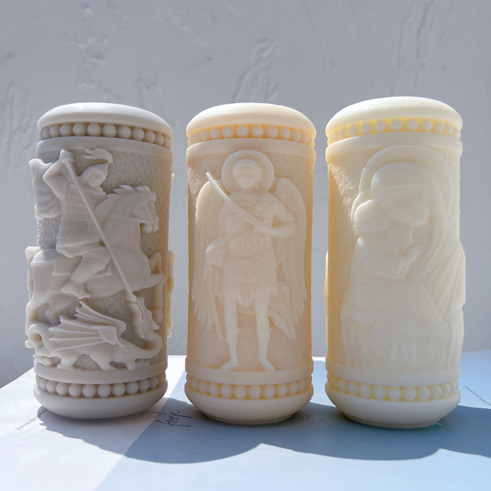 An intricate Saint Pillar Candle Moulds silicone candle mold by MYKA Candles and Moulds, designed for aesthetic candles and resin moulds.