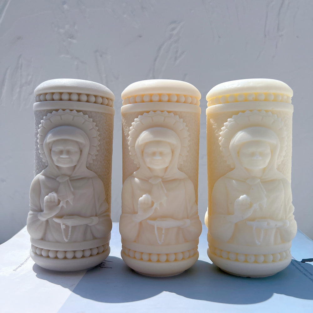 A heat-resistant Saint Pillar Candle Moulds silicone candle mould by MYKA Candles and Moulds, ideal for soap, resin, and baking mould applications.