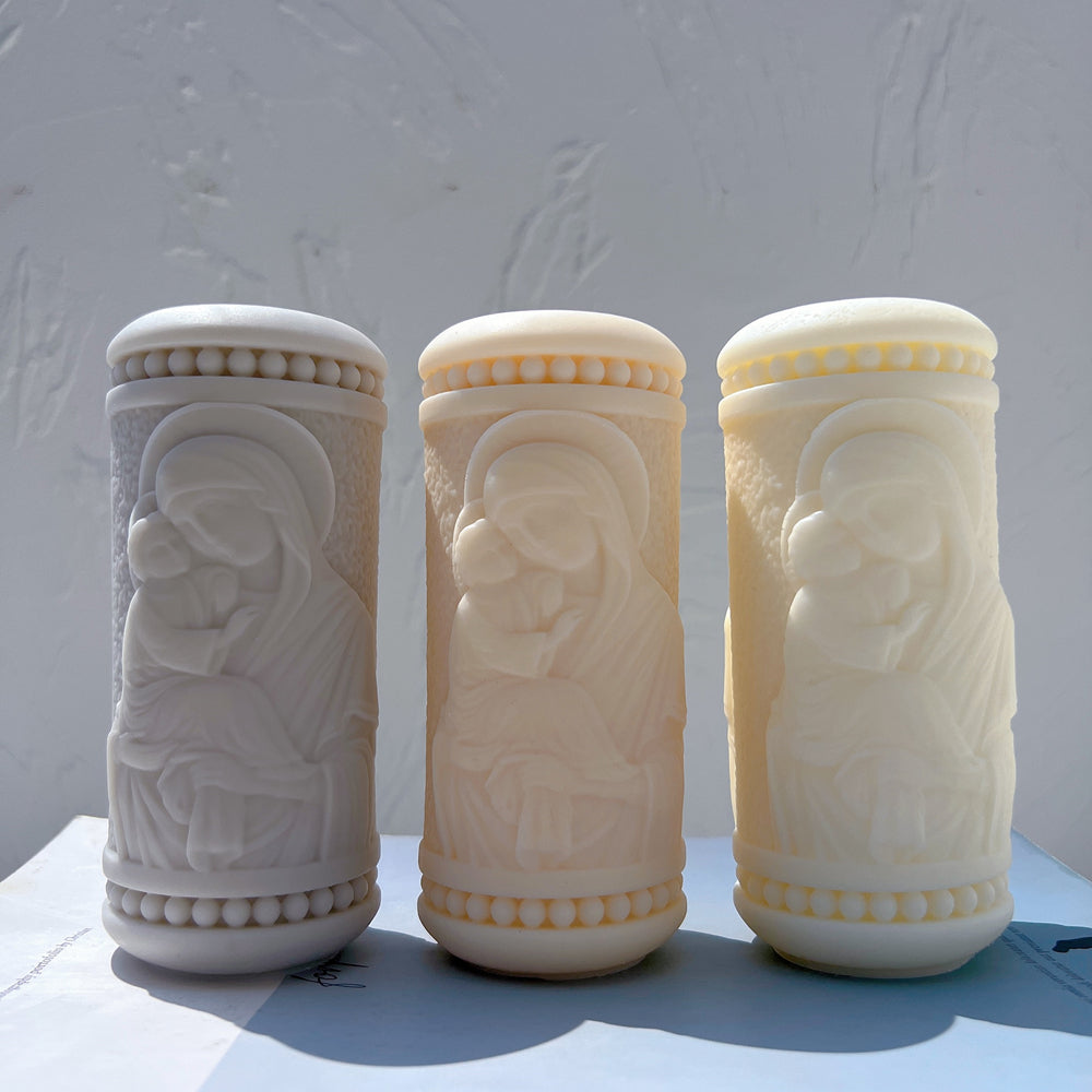 A heat-resistant Saint Pillar Candle Moulds silicone candle mould by MYKA Candles and Moulds, ideal for soap, resin, and baking mould applications.