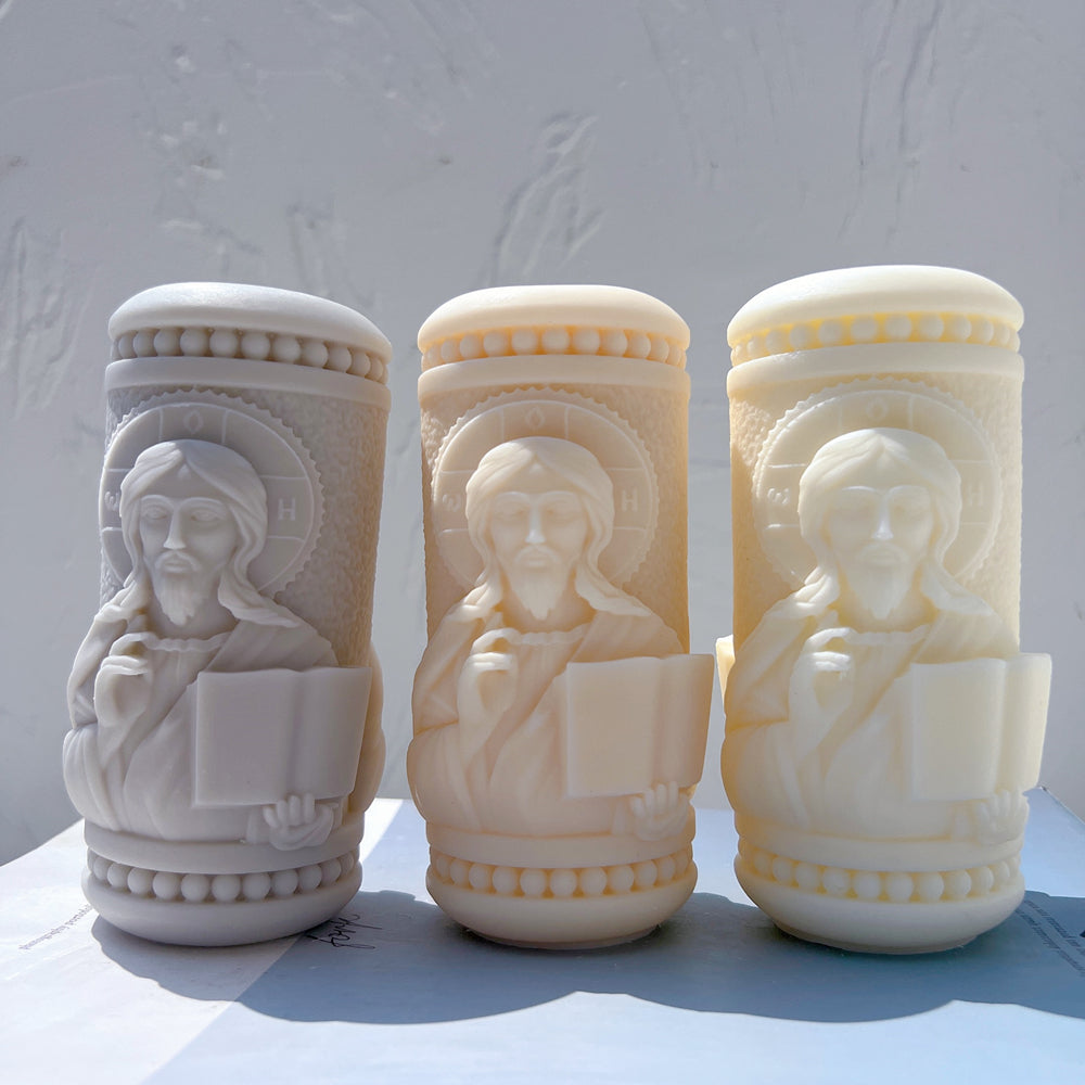 An aesthetic Saint Pillar Candle Moulds silicone candle mould from MYKA Candles and Moulds, perfect for soap, resin, and cake mould art.